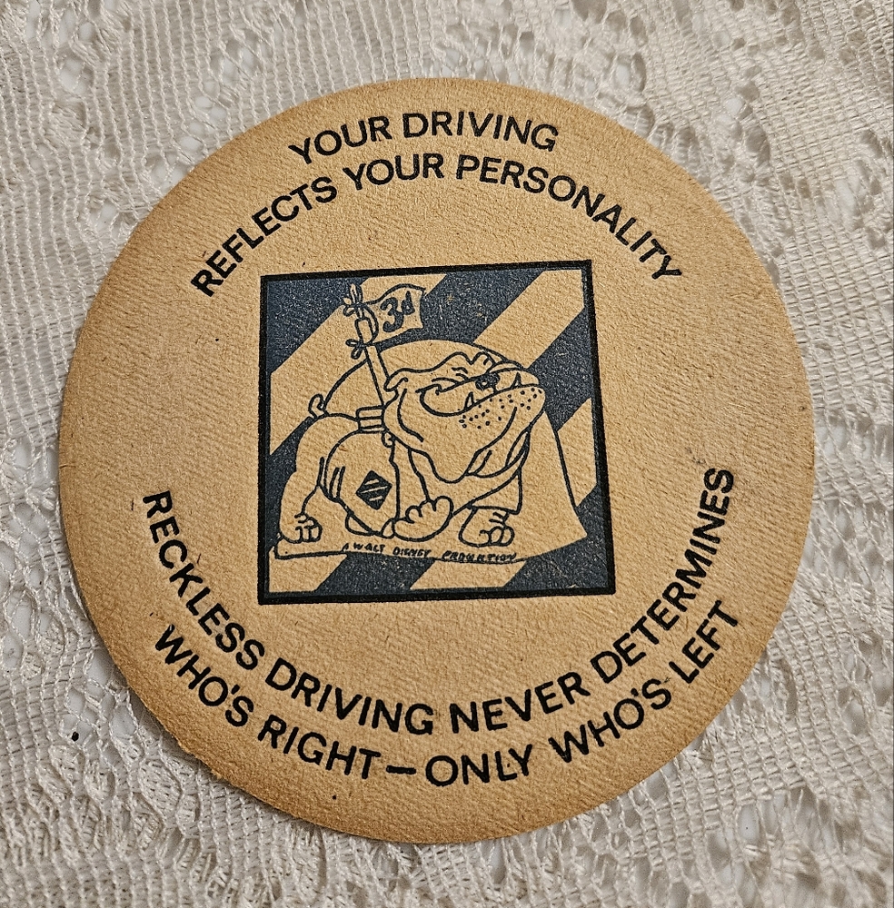 Vintage Rocky the Bulldog Beer Coaster US  3rd Infantry Division Drive Safely